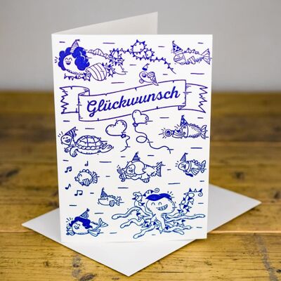 Maritime greeting card GLÜCKWUNSCH - School of fish folding card handprinted with envelope