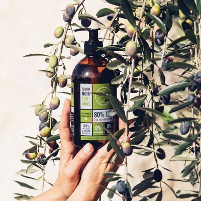 Surgras black soap with olive grigon oil. Without perfume, without essential oil. 500ml
