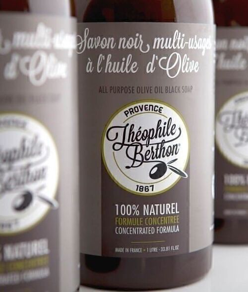 Savon noir liquide multi-usages concentré 100% olive.  Sans Parfum. 1L