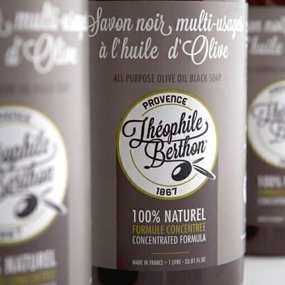 Savon noir liquide multi-usages concentré 100% olive.  Sans Parfum. 1L