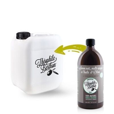 Bidon 5L. Savon noir liquide multi-usages concentré 100% olive. Parfum Eucalyptus.