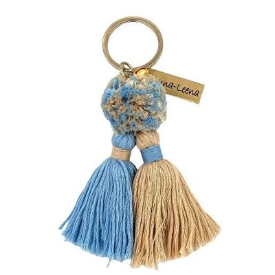 sustainable keychain twin tassels blue/sand - organic cotton - handmade in Nepal - bag hanger
