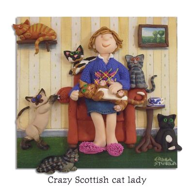Crazy Scottish cat lady, tarjeta cuadrada en blanco de 150 mm