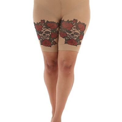 Skull and Red Roses Printed Curvy Super Stretch Shorts-Nude