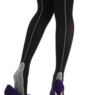 Opaque Tights with Seam and Lace Foot - Clearance-Black/Nude M/L