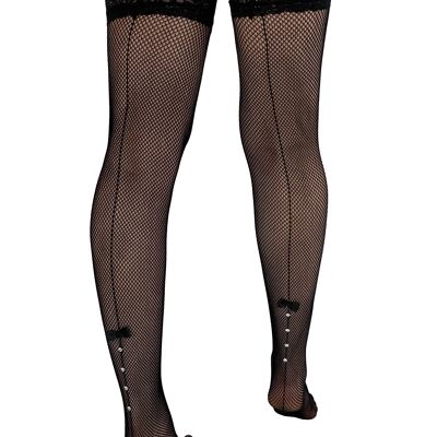 Fishnet Lace Top Hold Ups with Seam, Bow and Diamante