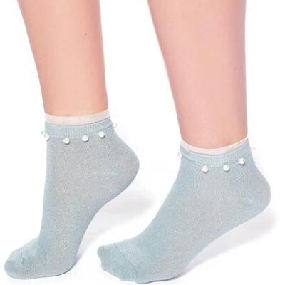Glitter Ankle Socks with Pearls and Frill-Teal Blue