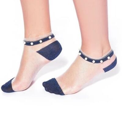 Sheer Ankle Socks with Glitter and Pearl Beading-Blue