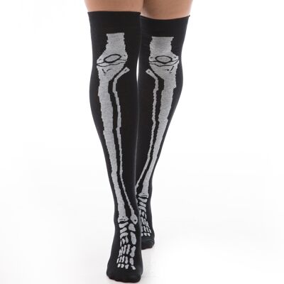 Over The Knee Socks with Skeleton Bones-Black/White