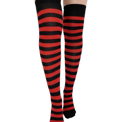 Striped Over The Knee Socks-Black/Red