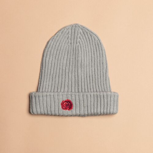 Grey Wool Rose Beanie