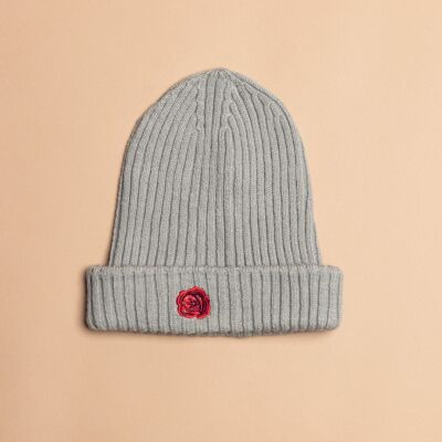 Gorro rosa de lana gris