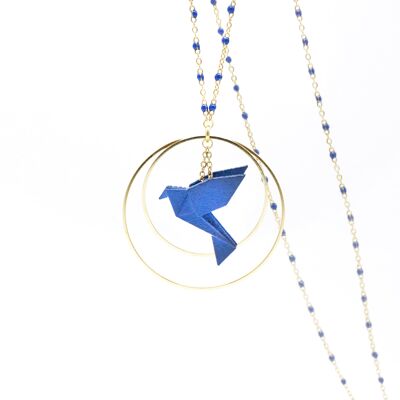 Collar BIRDY doble aro azul, cadena acero inoxidable dorado y de colores