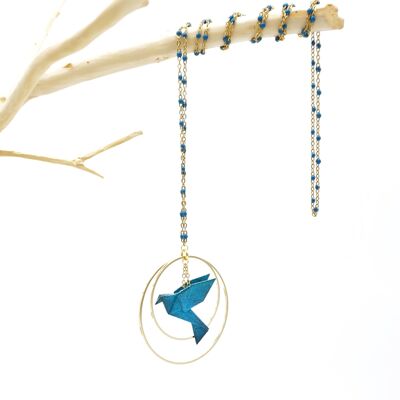 Collana BIRDY a doppio cerchio blu petrolio, catena in acciaio inossidabile dorato e colorato