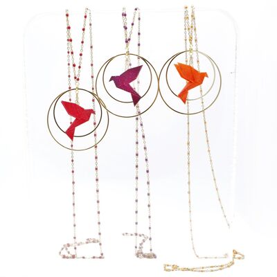 BIRDY red double hoop necklace, golden and colored stainless steel chain