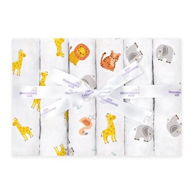 Jungle Cubs - Organic Muslin Squares - with gifting ribbon - Set of 6