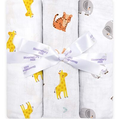 Jungle cubs organic muslin swaddles - with gifting ribbon - set of 3