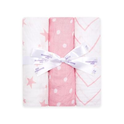 Pink & white organic muslin swaddles - with gifting ribbon - set of 3