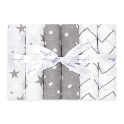 Grey & White Organic Muslin Squares - with gifting ribbon - Set of 6