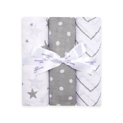 grey & white organic muslin swaddles  - with gifting ribbon- set of 3