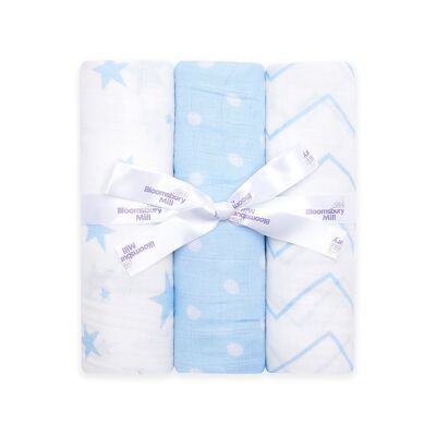 Blue & white organic muslin swaddles - with gifting ribbon - set of 3