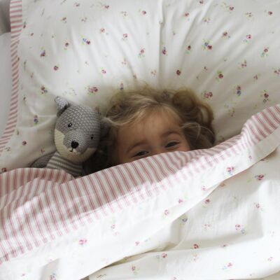 Wendbares Bettbezug- und Kissenbezüge-Set mit Blumen- und Inlettstreifen – Kinderbett