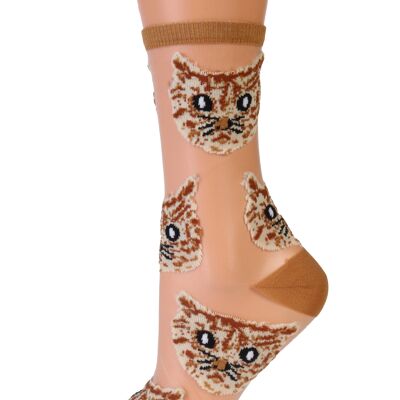 MOONA calcetín transparente marrón claro con gatos 6-9