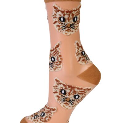 MOONA light brown sheer socks with cats 6-9