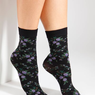 BARI 60DEN Socken mit lila Rosen 6-9