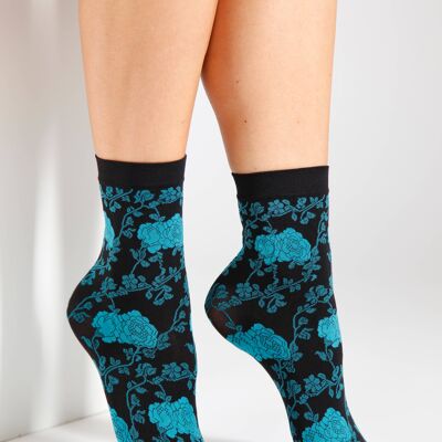 KLAARA 60DEN blaue Socken mit Blumenmuster 6-9