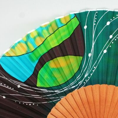Natural silk fan abstract design in green color