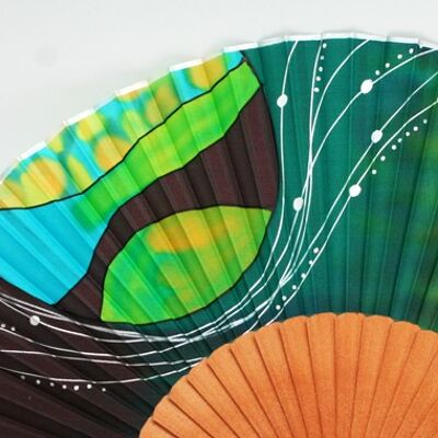 Natural silk fan abstract design in green color