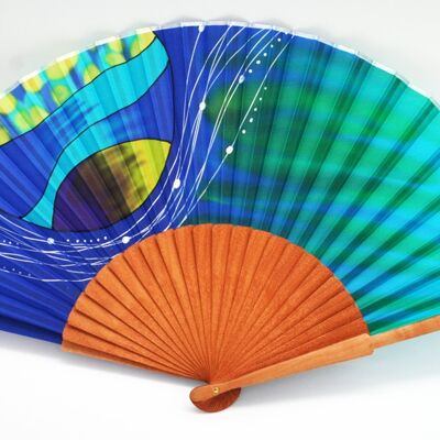 Hand-painted natural silk fan in blue colors