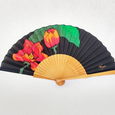 Natural silk fan with red flower black background