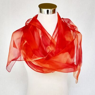 Hand-painted red natural silk chiffon shawl