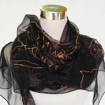 Black and gold hand painted chiffon shawl