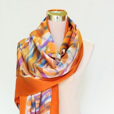 Natural silk satin shawl with multicolor design