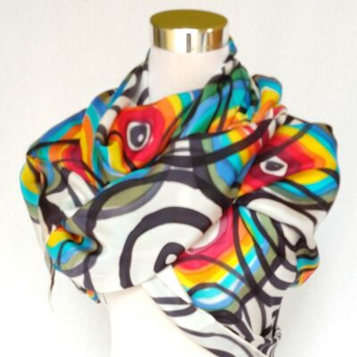 Natural silk shawl with colored circles