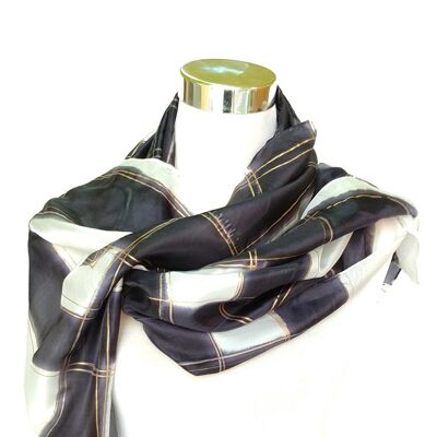 White, black and gold natural silk scarf