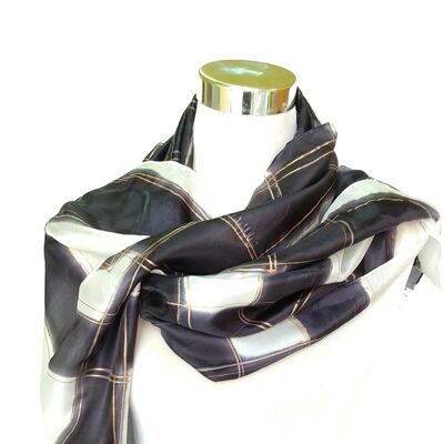 White, black and gold natural silk scarf