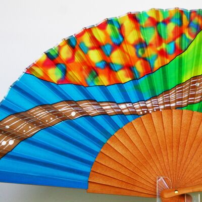Multicolored natural silk fan in blue and green