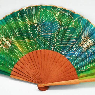 Natural silk fan with golden flowers
