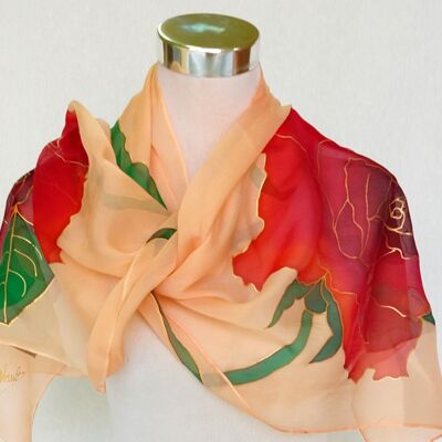 Salmon color natural silk shawl with red roses