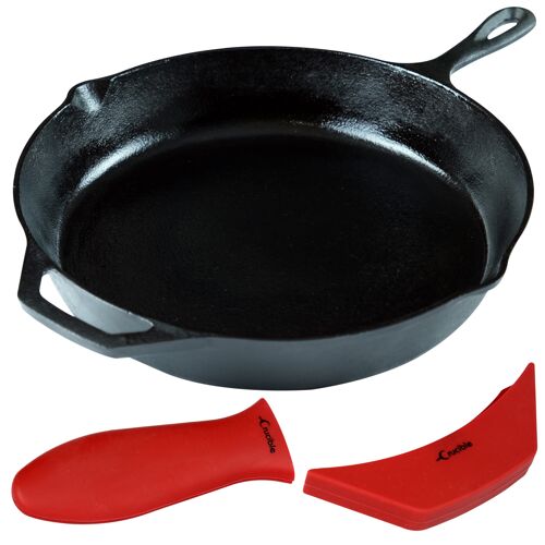 12-Inch Cast Iron Skillet Set, Including Large & Assist Silicone Hot Handle Holders | Indoor & Outdoor Use