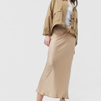 CATHY Long Midi Satin Skirt With Elastic Waistband in Gold