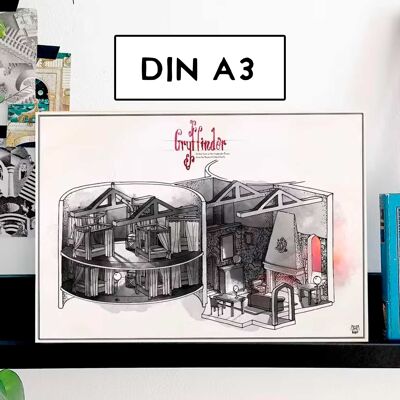 Salle commune rouge - Quatre Maisons - Affiche - Plan - Carte - Format DINA3