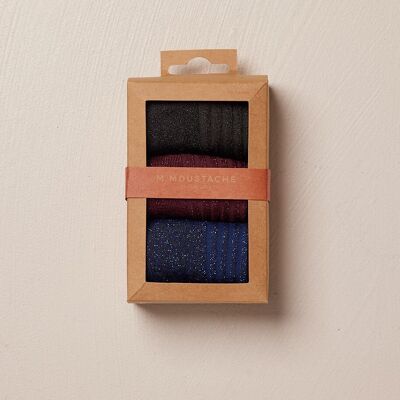 Pack of 3 Socks - Ribbed Black, Bordeaux and Blue