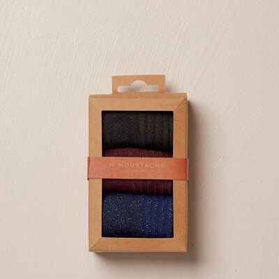 Pack of 3 Socks - Ribbed Black, Bordeaux and Blue