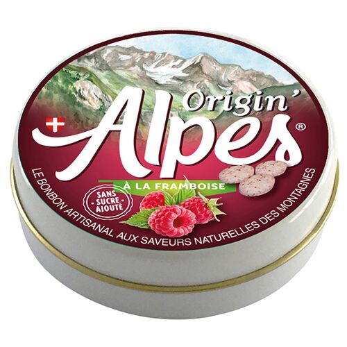 à la Framboise - 40 bonbons pastilles - Boite métallique 35G net - diamètre 75mm
Origin'Alpes : Le Bonbon Artisanal Aux Saveurs Naturelles Des Montagnes
Traduction Anglaise sur l'étiquette