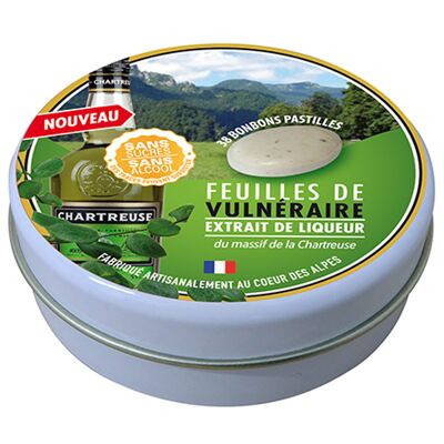 with Vulnerary Leaves and extract of Liqueur from the Chartreuse Massif - 38 lozenges - Metal box 35G net - diameter 75mm
Artisanal Candy With Natural Flavors From The Mountains
English translation on the label